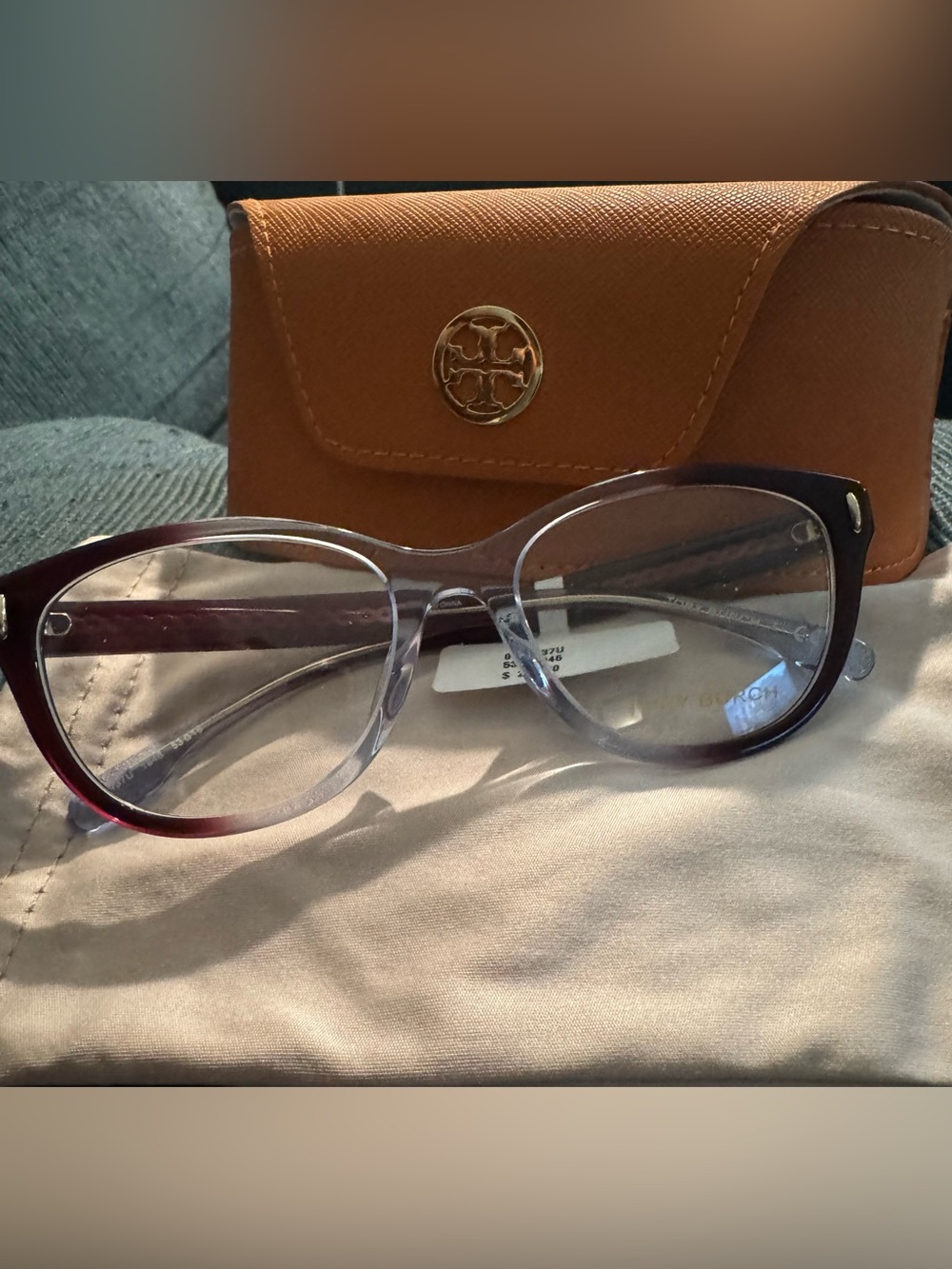 Tory Burch Burgundy-to-Clear Gradient Women's Optical Glasses with Tan Case